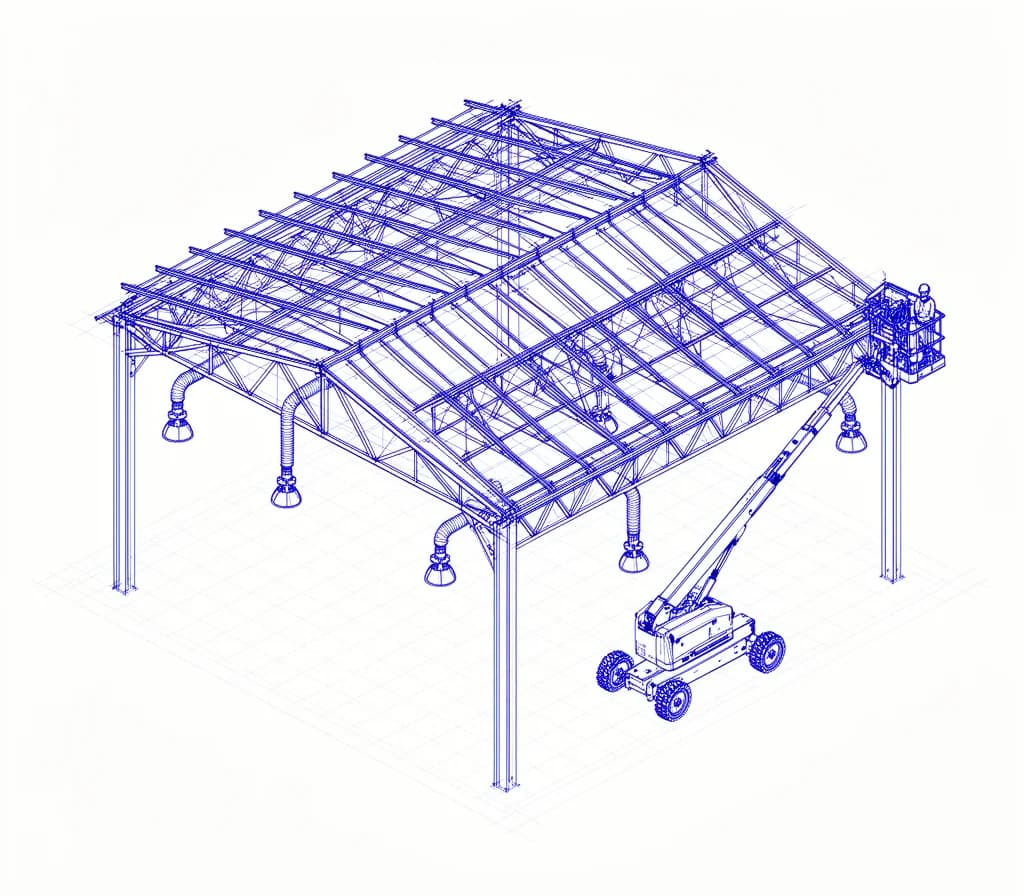 Esquema técnico de la estructura de una nave con plataforma elevadora