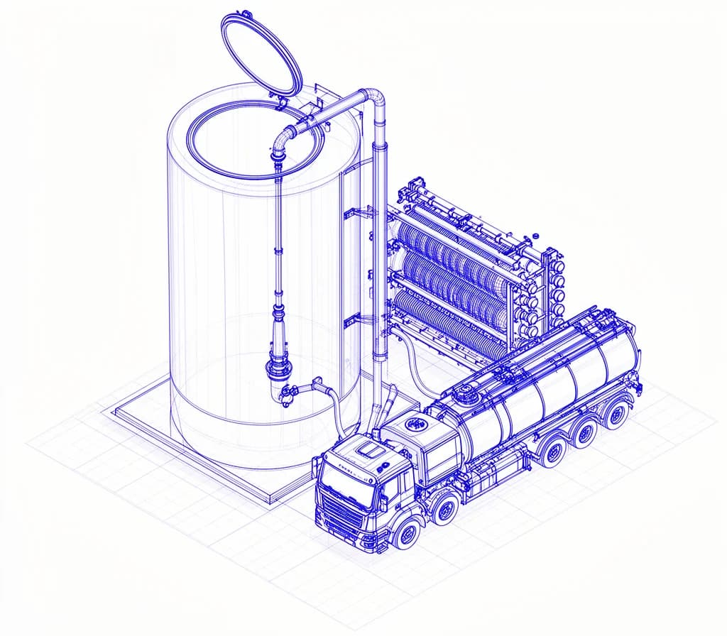 Esquema técnico de un tanque con boca de hombre y camión de vacío