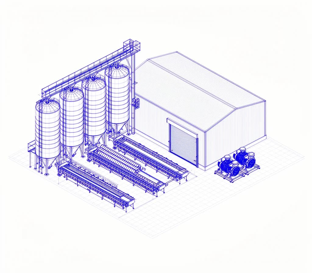 Esquema técnico de una central hortofrutícola con silos y línea de calibrado