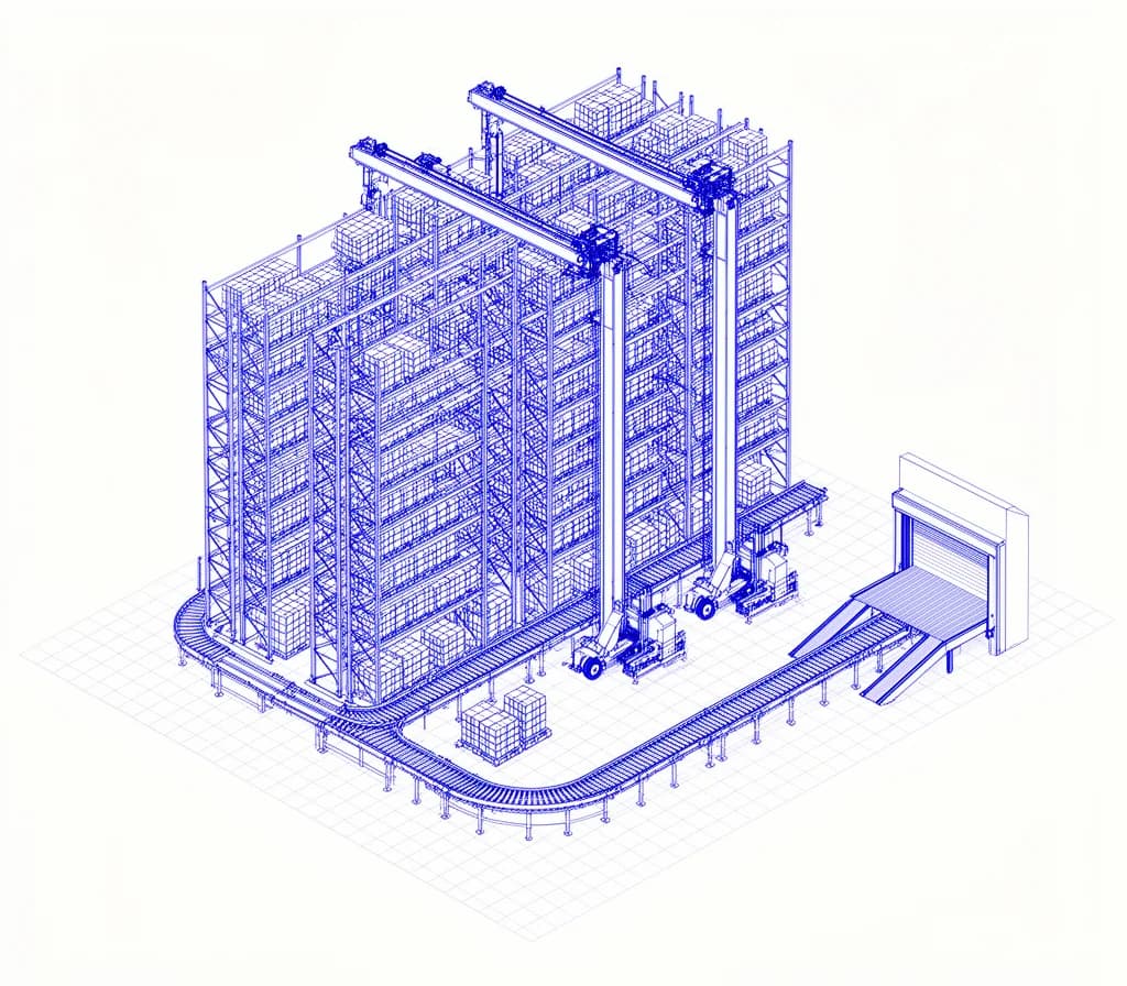 Esquema técnico de un almacén automático de gran altura
