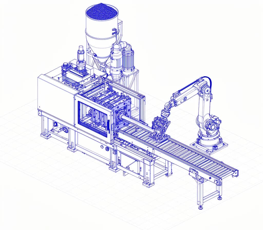 Esquema técnico de una máquina de inyección con hidráulica y control
