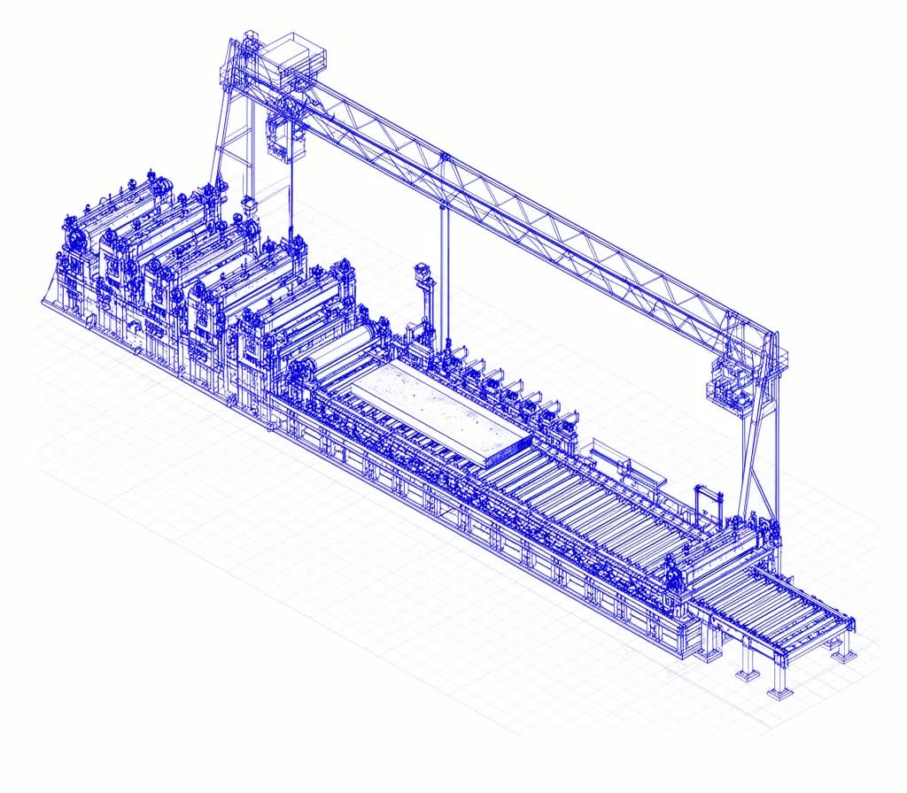 Esquema técnico de una nave siderúrgica con grúa puente y calderería