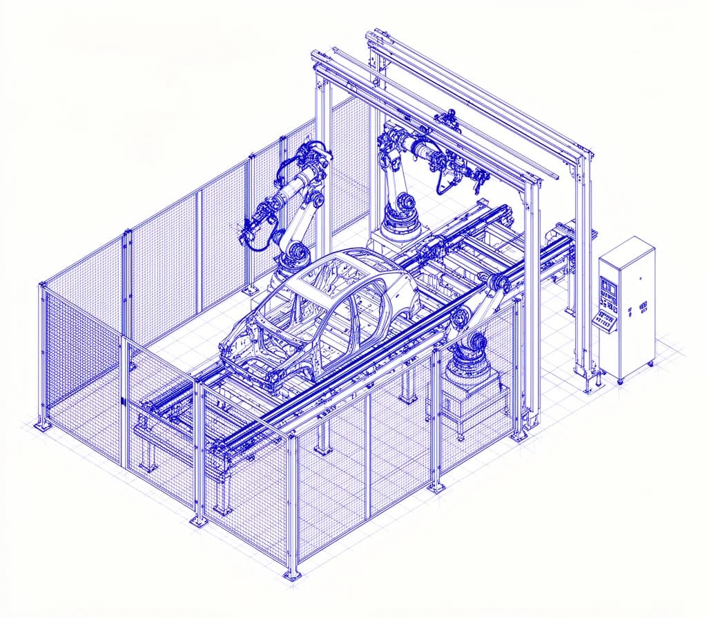 Esquema técnico de una línea de montaje robotizada