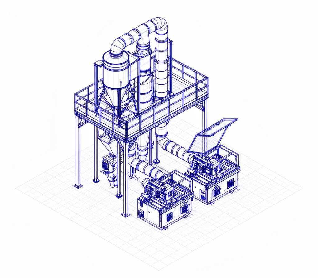 Esquema técnico de una nave con sistema de aspiración, ciclón y silos