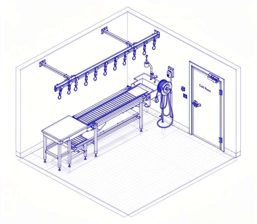 Esquema técnico de una sala de despiece con cintas y central de espuma