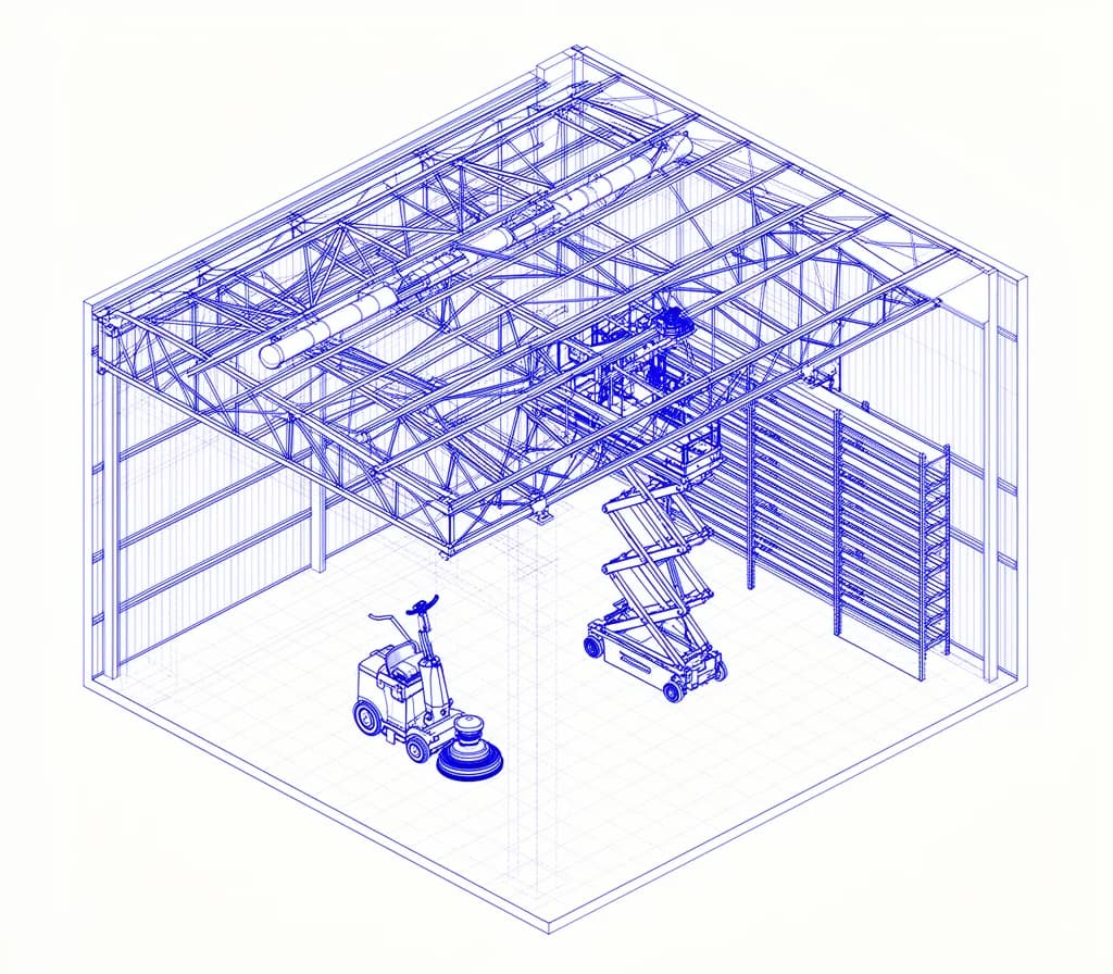 Esquema técnico de una nave industrial con plataforma elevadora y fregadora