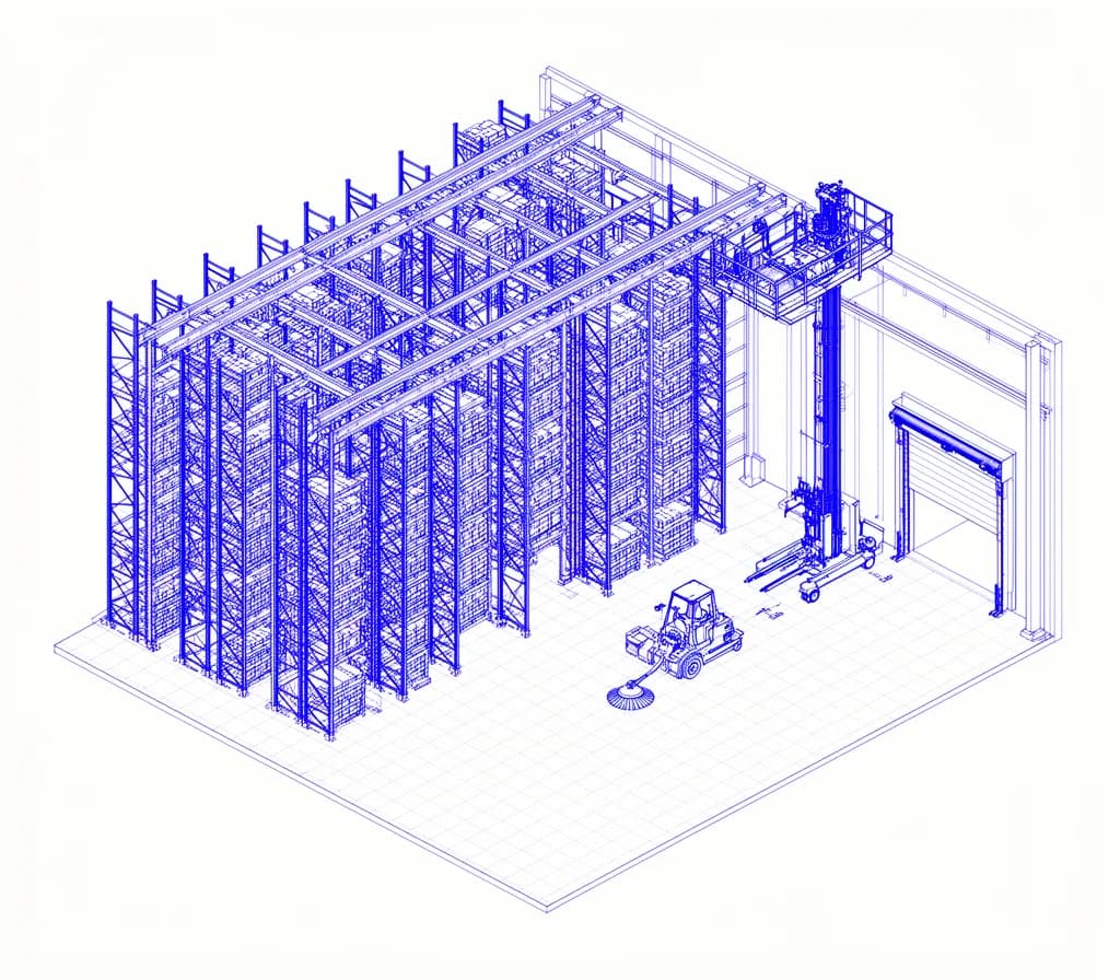 Esquema técnico de un almacén de gran altura con barredora y plataforma